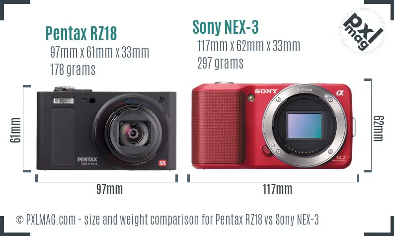Pentax RZ18 vs Sony NEX-3 size comparison