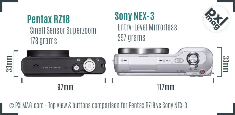 Pentax RZ18 vs Sony NEX-3 top view buttons comparison