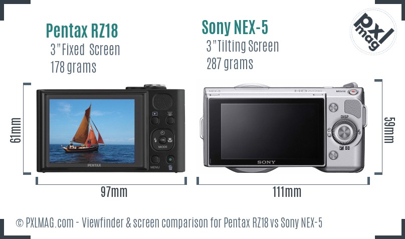 Pentax RZ18 vs Sony NEX-5 Screen and Viewfinder comparison
