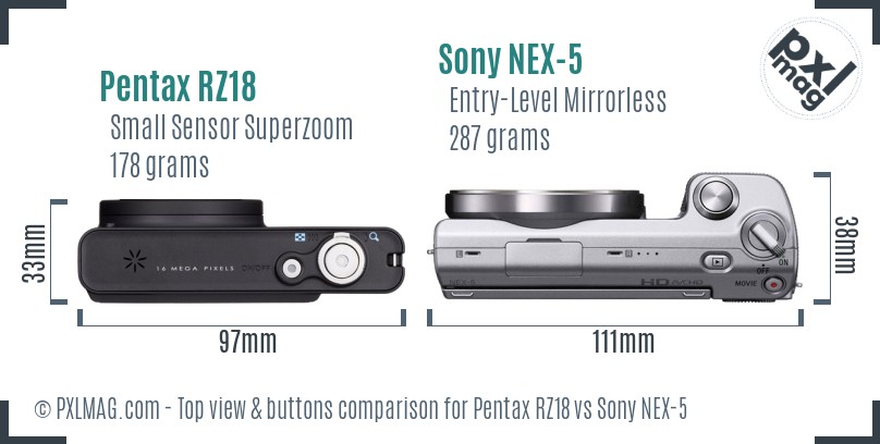 Pentax RZ18 vs Sony NEX-5 top view buttons comparison