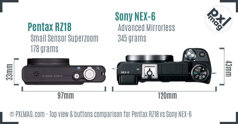 Pentax RZ18 vs Sony NEX-6 top view buttons comparison