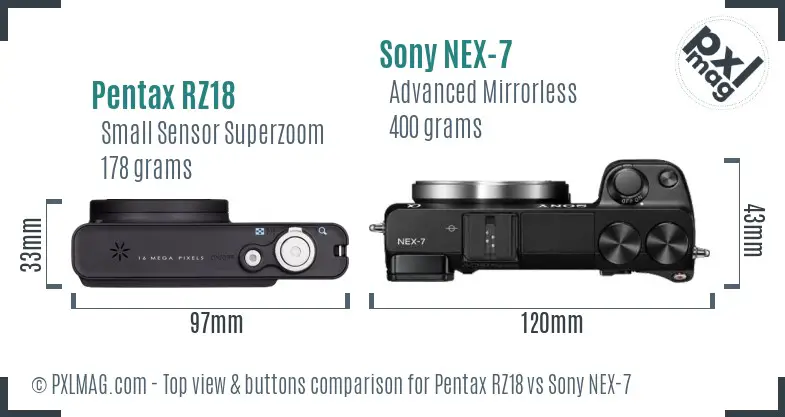 Pentax RZ18 vs Sony NEX-7 top view buttons comparison