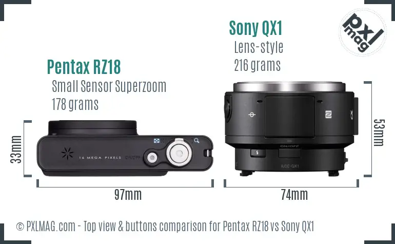 Pentax RZ18 vs Sony QX1 top view buttons comparison
