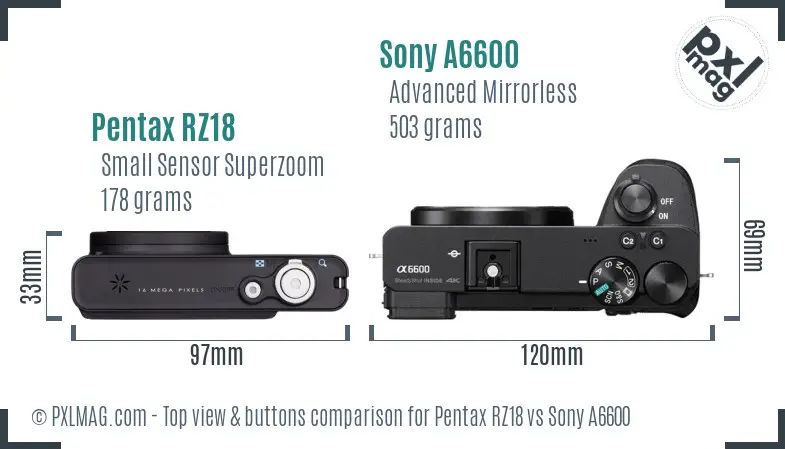 Pentax RZ18 vs Sony A6600 top view buttons comparison