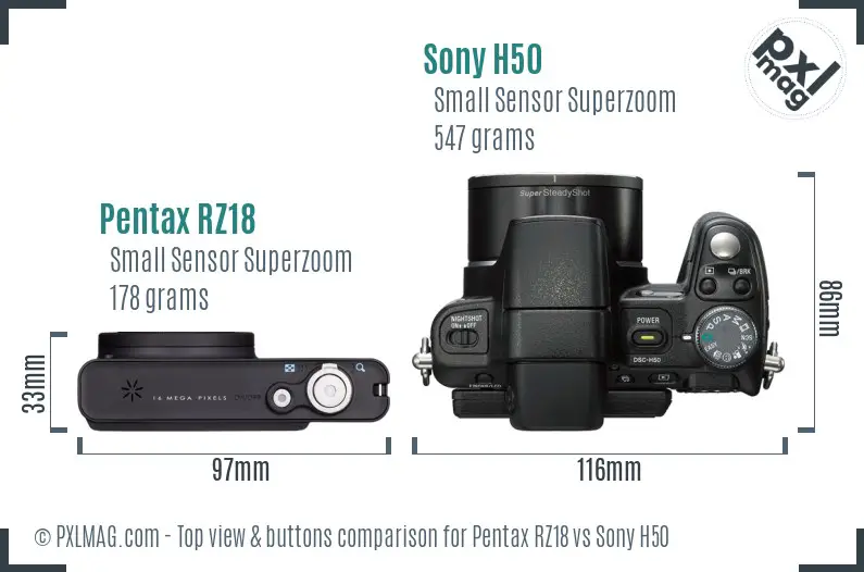 Pentax RZ18 vs Sony H50 top view buttons comparison