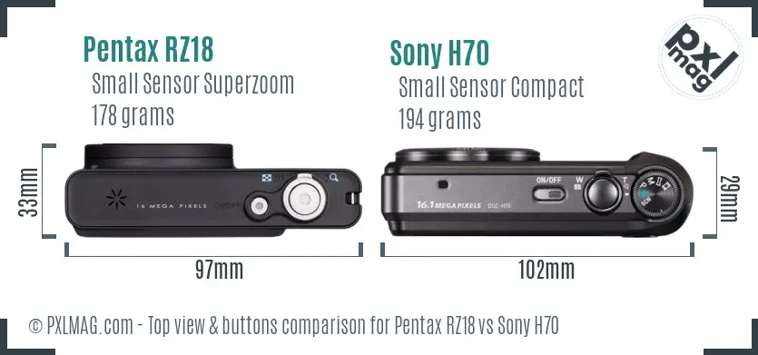 Pentax RZ18 vs Sony H70 top view buttons comparison