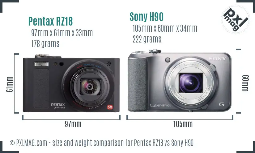 Pentax RZ18 vs Sony H90 size comparison