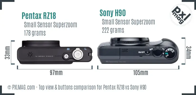 Pentax RZ18 vs Sony H90 top view buttons comparison