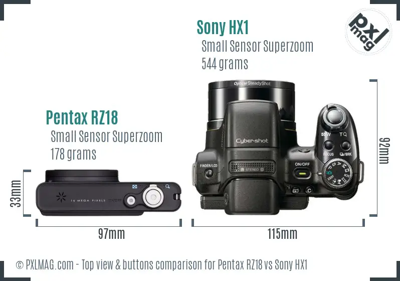 Pentax RZ18 vs Sony HX1 top view buttons comparison