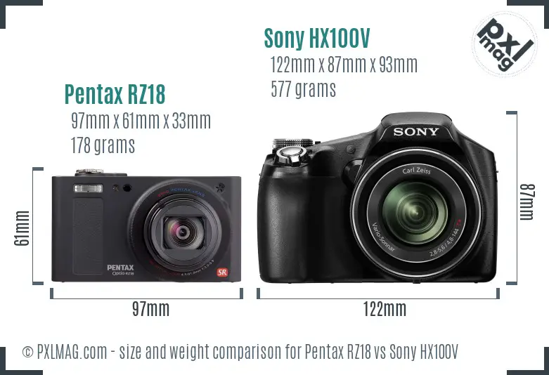 Pentax RZ18 vs Sony HX100V size comparison