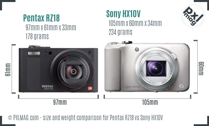 Pentax RZ18 vs Sony HX10V size comparison