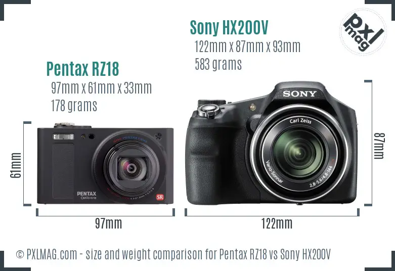 Pentax RZ18 vs Sony HX200V size comparison