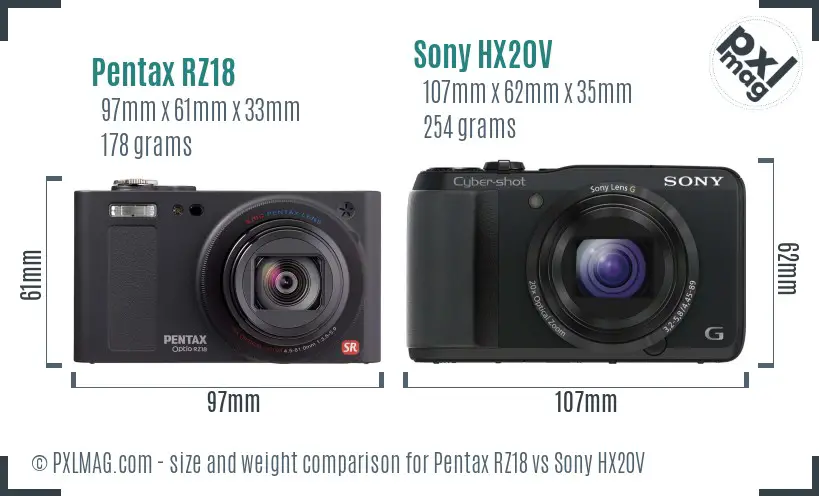 Pentax RZ18 vs Sony HX20V size comparison Pentax RZ18 vs Sony HX20V size comparison