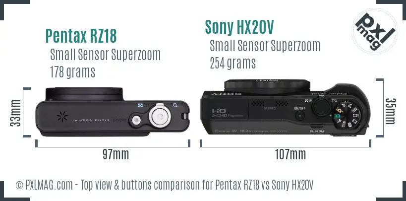 Pentax RZ18 vs Sony HX20V top view buttons comparison Pentax RZ18 vs Sony HX20V top view buttons comparison
