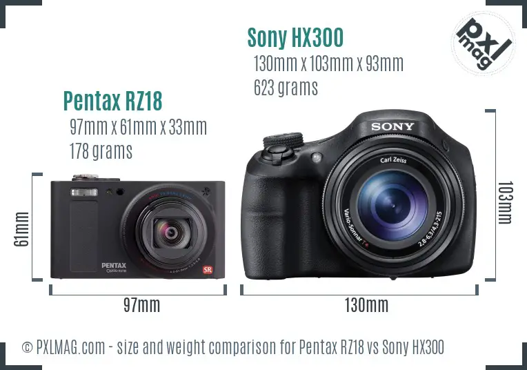 Pentax RZ18 vs Sony HX300 size comparison