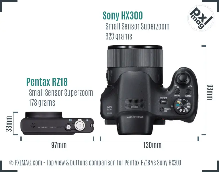 Pentax RZ18 vs Sony HX300 top view buttons comparison