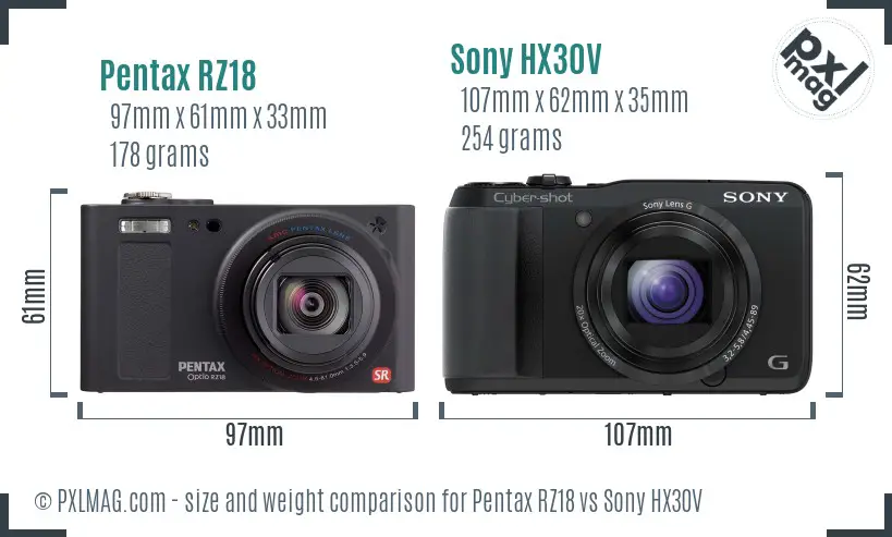 Pentax RZ18 vs Sony HX30V size comparison