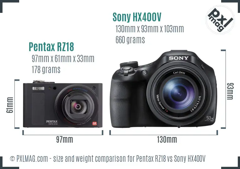 Pentax RZ18 vs Sony HX400V size comparison