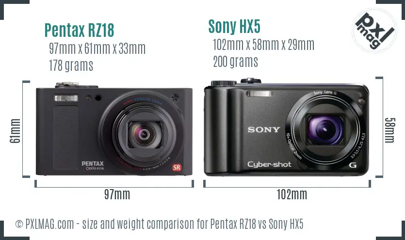 Pentax RZ18 vs Sony HX5 size comparison