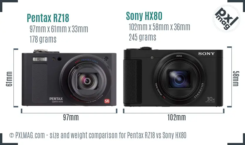 Pentax RZ18 vs Sony HX80 size comparison