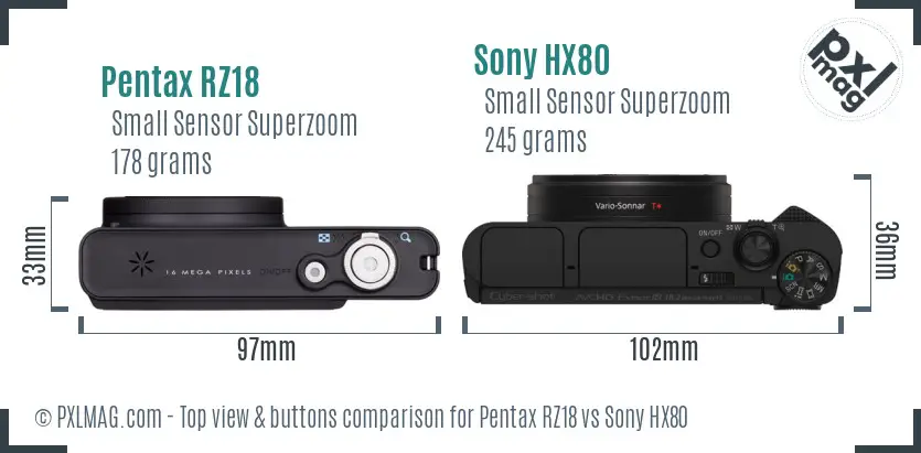 Pentax RZ18 vs Sony HX80 top view buttons comparison