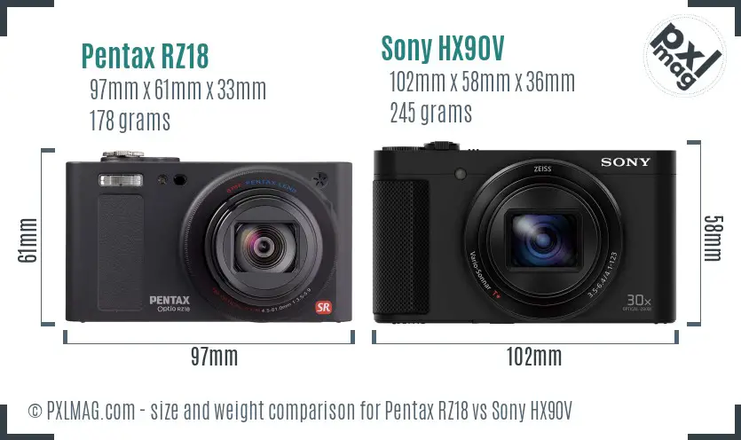 Pentax RZ18 vs Sony HX90V size comparison
