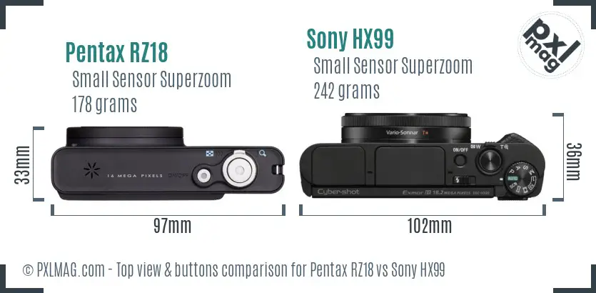 Pentax RZ18 vs Sony HX99 top view buttons comparison