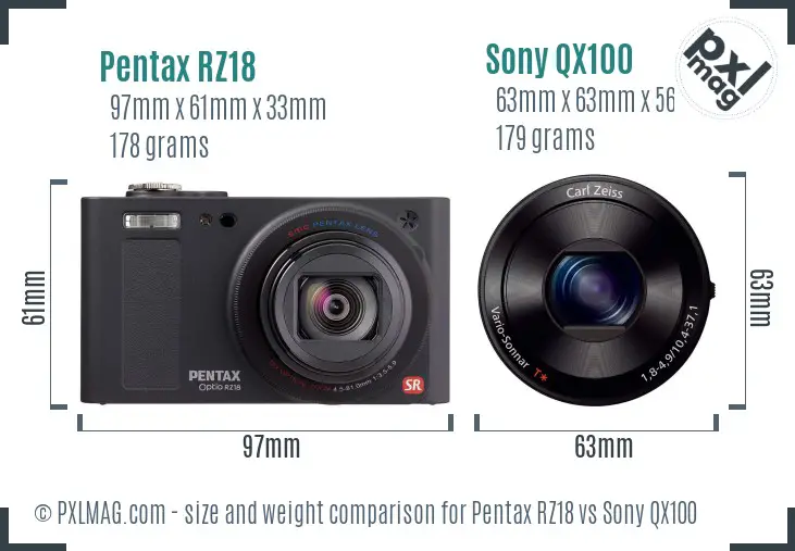 Pentax RZ18 vs Sony QX100 size comparison