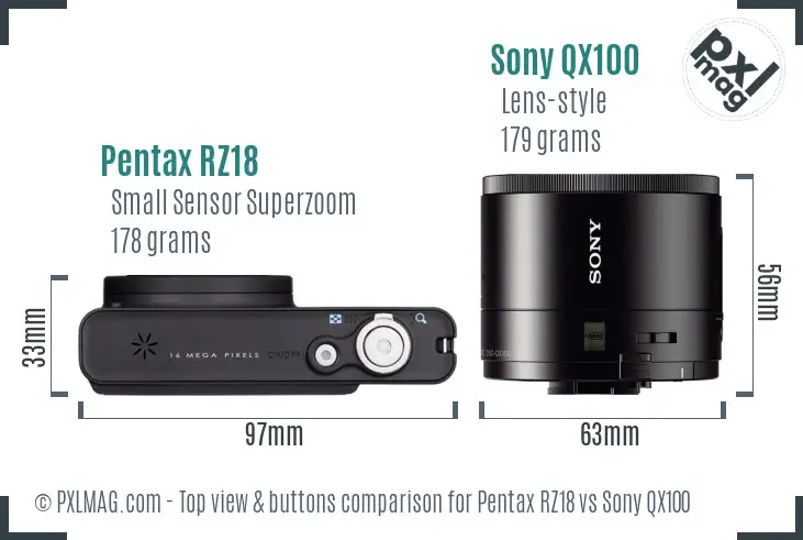 Pentax RZ18 vs Sony QX100 top view buttons comparison