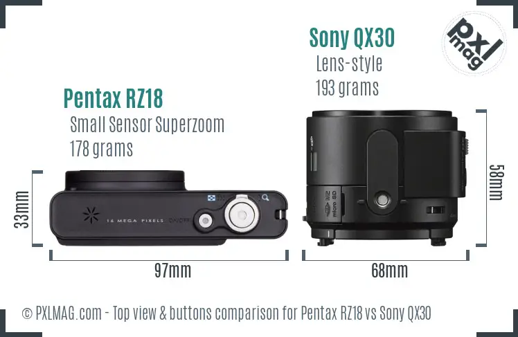 Pentax RZ18 vs Sony QX30 top view buttons comparison Pentax RZ18 vs Sony QX30 top view buttons comparison