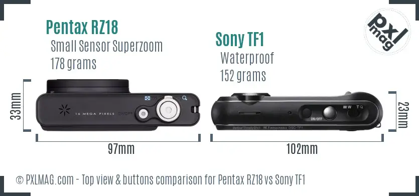 Pentax RZ18 vs Sony TF1 top view buttons comparison Pentax RZ18 vs Sony TF1 top view buttons comparison