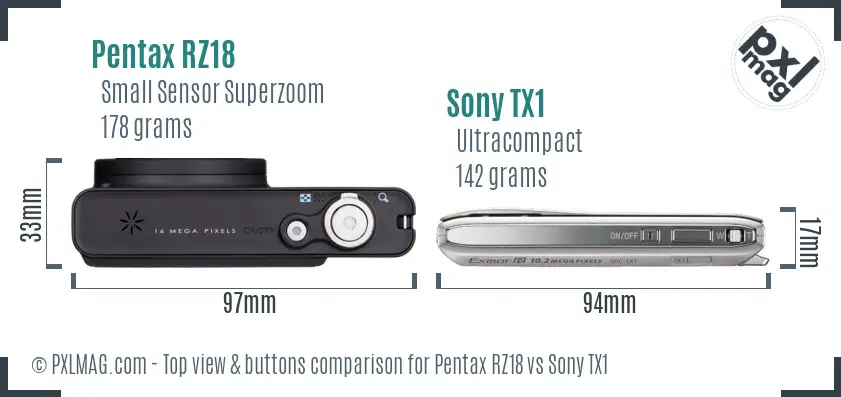 Pentax RZ18 vs Sony TX1 top view buttons comparison Pentax RZ18 vs Sony TX1 top view buttons comparison
