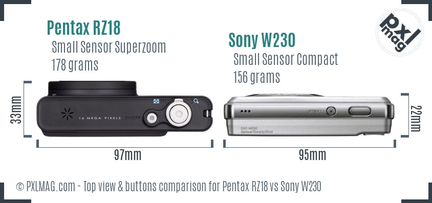 Pentax RZ18 vs Sony W230 top view buttons comparison