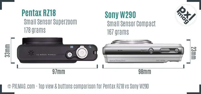Pentax RZ18 vs Sony W290 top view buttons comparison