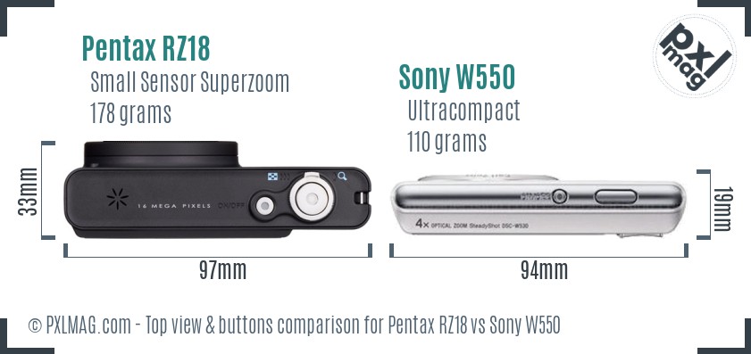 Pentax RZ18 vs Sony W550 top view buttons comparison