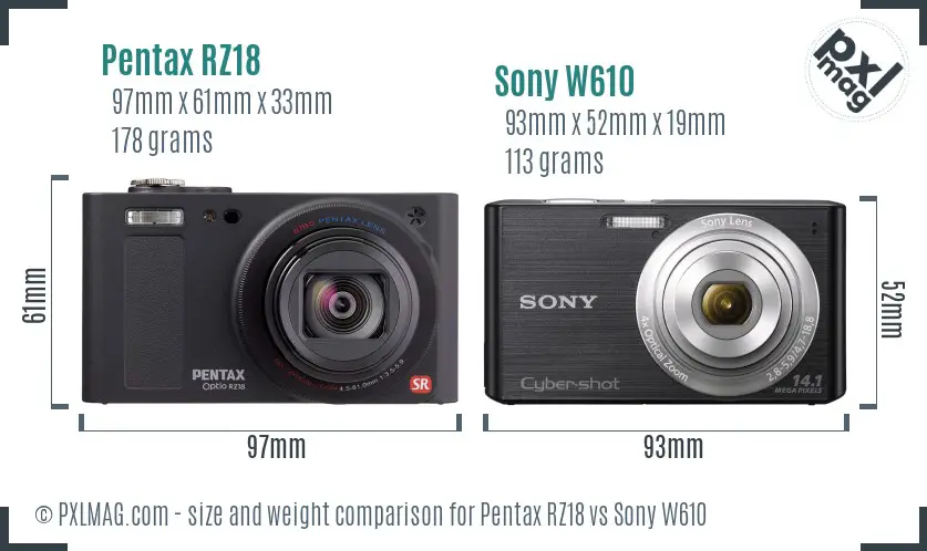 Pentax RZ18 vs Sony W610 size comparison