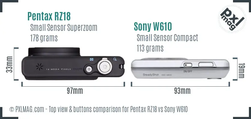 Pentax RZ18 vs Sony W610 top view buttons comparison