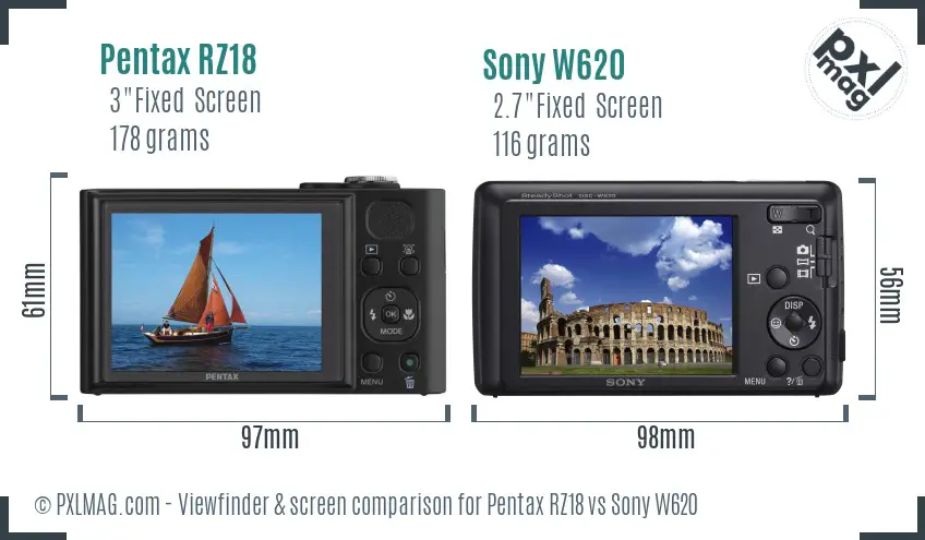 Pentax RZ18 vs Sony W620 Screen and Viewfinder comparison