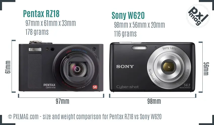 Pentax RZ18 vs Sony W620 size comparison