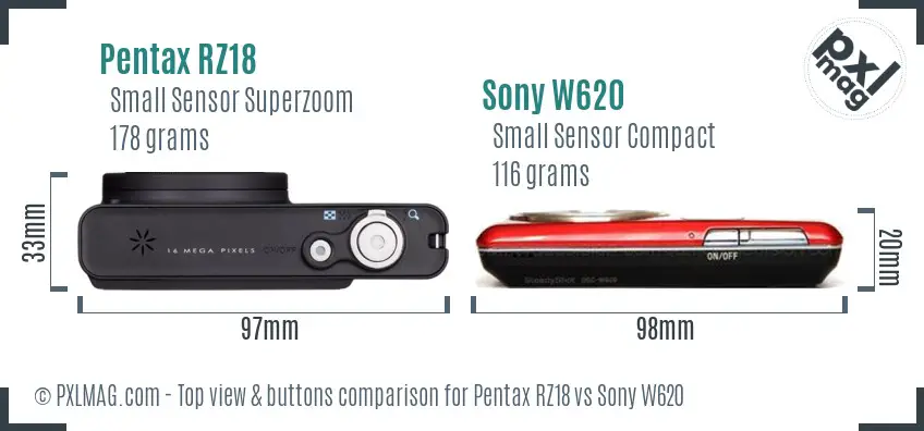 Pentax RZ18 vs Sony W620 top view buttons comparison