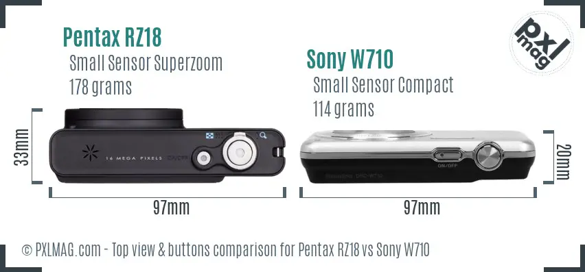 Pentax RZ18 vs Sony W710 top view buttons comparison