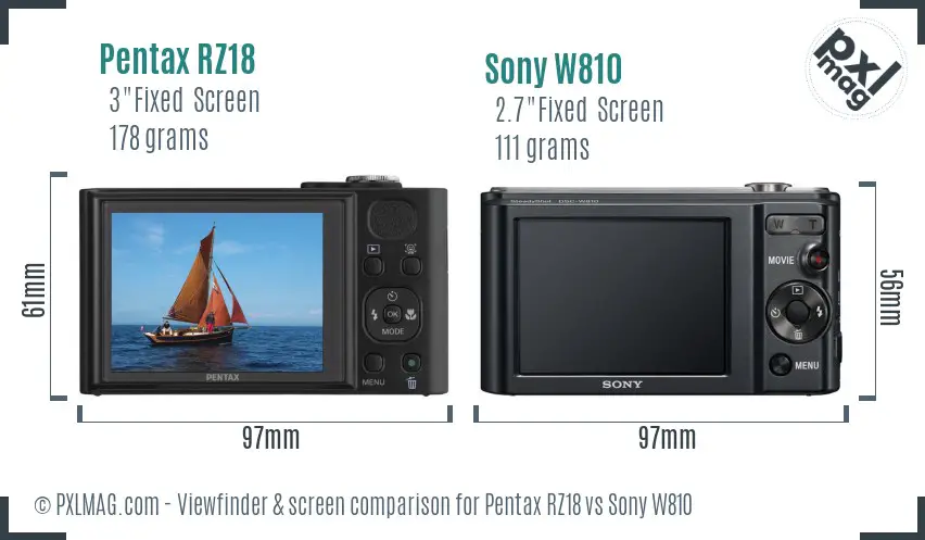 Pentax RZ18 vs Sony W810 Screen and Viewfinder comparison