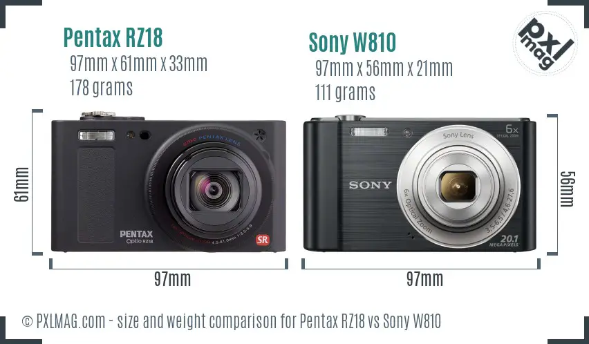 Pentax RZ18 vs Sony W810 size comparison