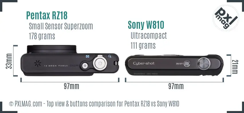 Pentax RZ18 vs Sony W810 top view buttons comparison