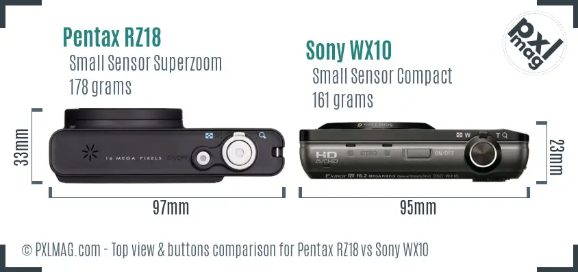 Pentax RZ18 vs Sony WX10 top view buttons comparison