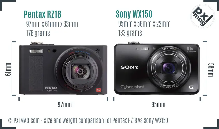 Pentax RZ18 vs Sony WX150 size comparison