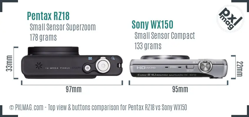 Pentax RZ18 vs Sony WX150 top view buttons comparison