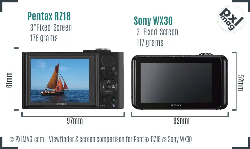 Pentax RZ18 vs Sony WX30 Screen and Viewfinder comparison