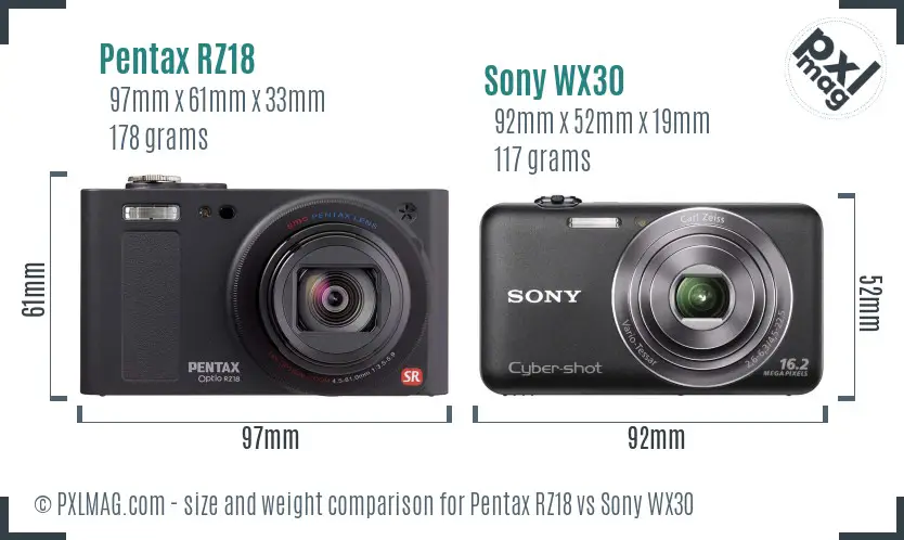 Pentax RZ18 vs Sony WX30 size comparison