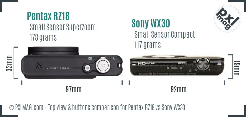 Pentax RZ18 vs Sony WX30 top view buttons comparison